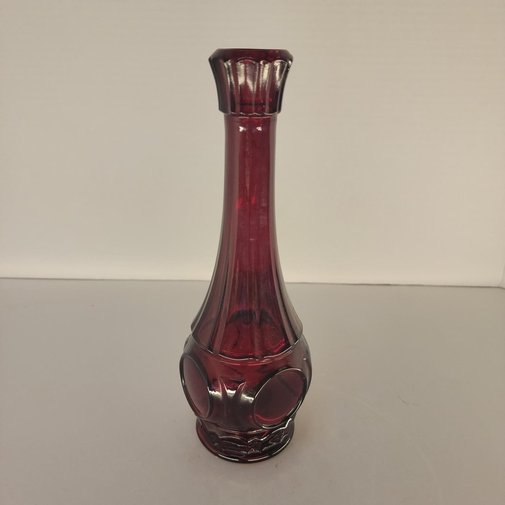 Vintage Wheaton Ruby Red Glass Bud Vase Bullseye Coin Dot MCM 9" Retro - Picture 2 of 7